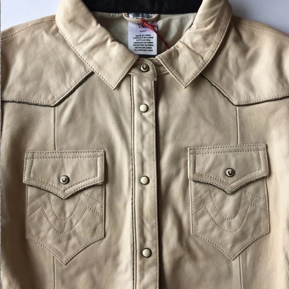 New True Religion Women Leather Shirt Western Long Sleeve Small Beige Distress - Picture 8 of 12